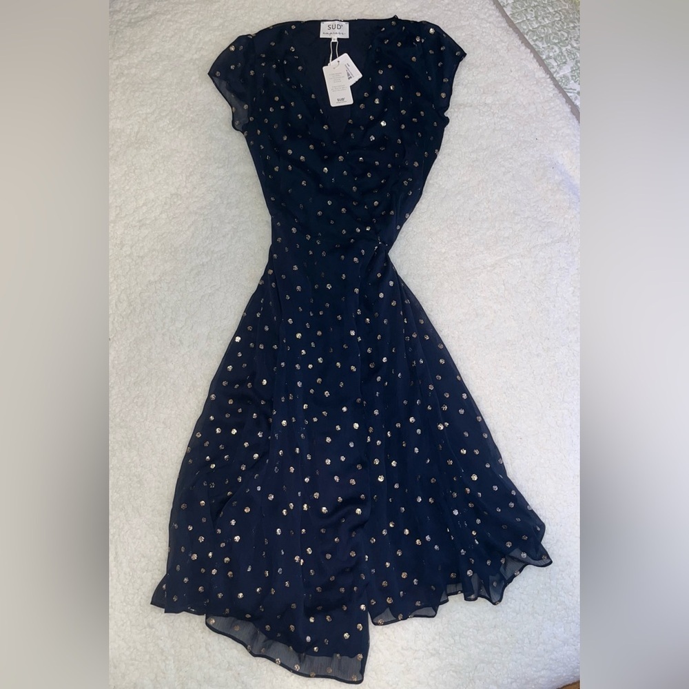 NWT ~ SUD Express ~ Wrap Dress Navy Blue with Gold Polka Dots Women's Small